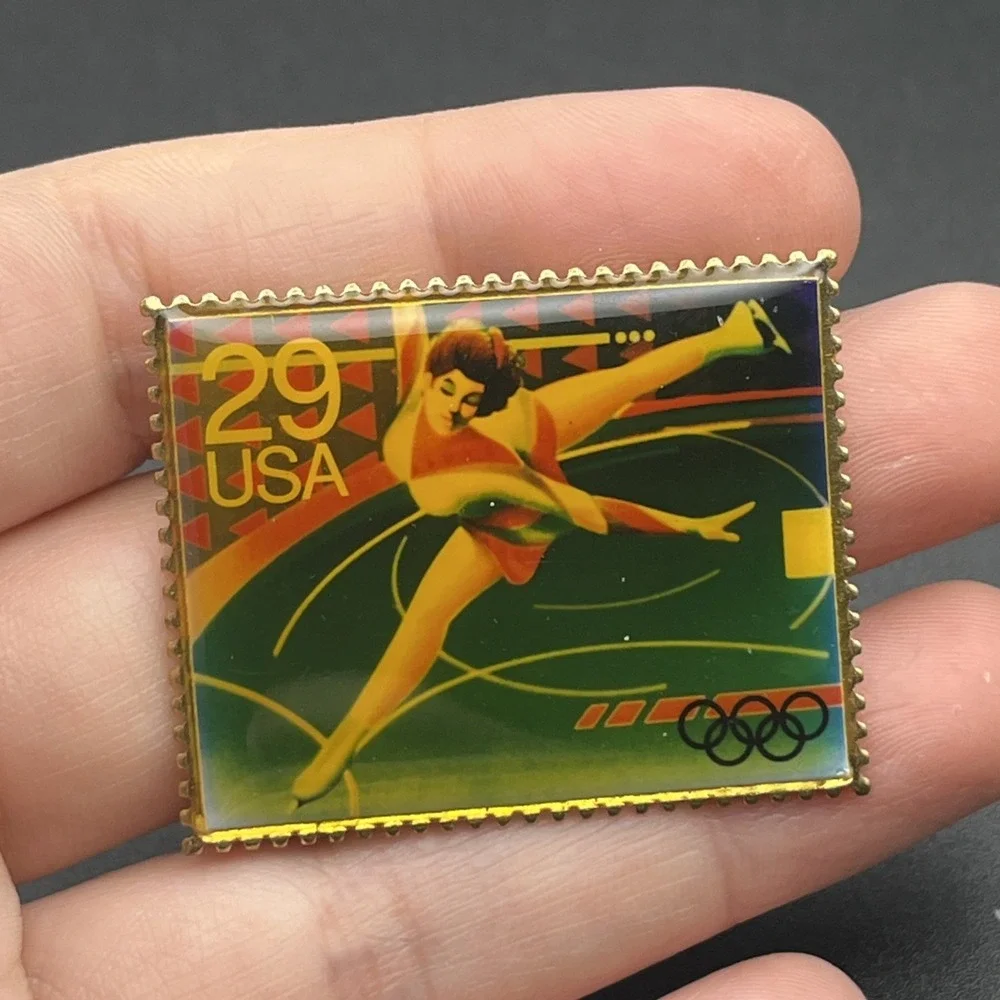 1992 Albertville Winter Olympics USPS Sponsor Figure Skating Stamp Lapel Hat Pin